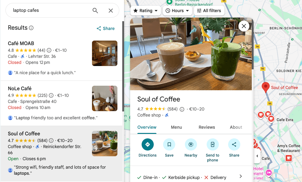 Screenshot of Google Maps search for laptop cafes in Berlin, Germany