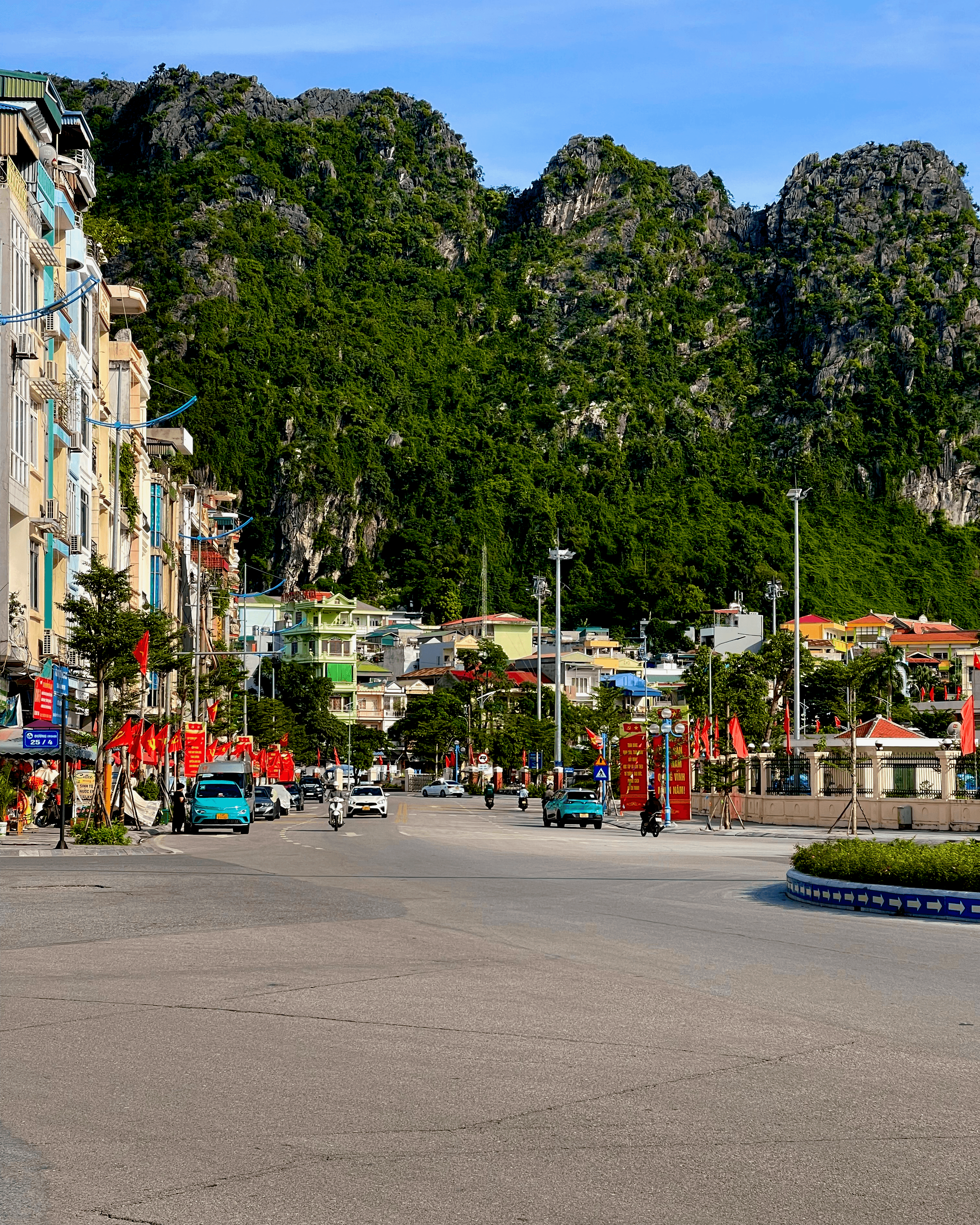 Ha Long Bay in Vietnam with limestone cliffs colorful road