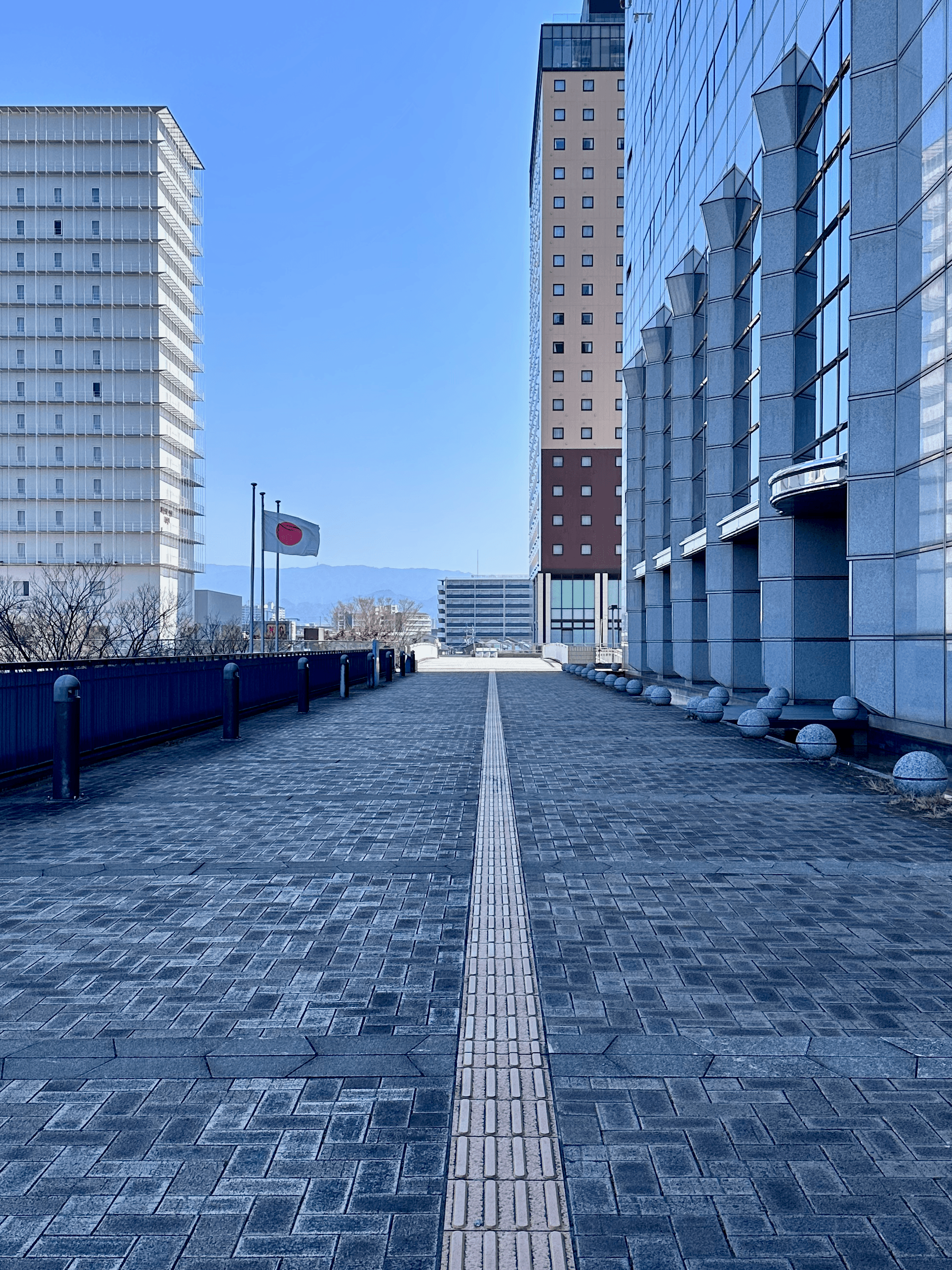 Buildings with Japanese flag south of Osaka, Japan