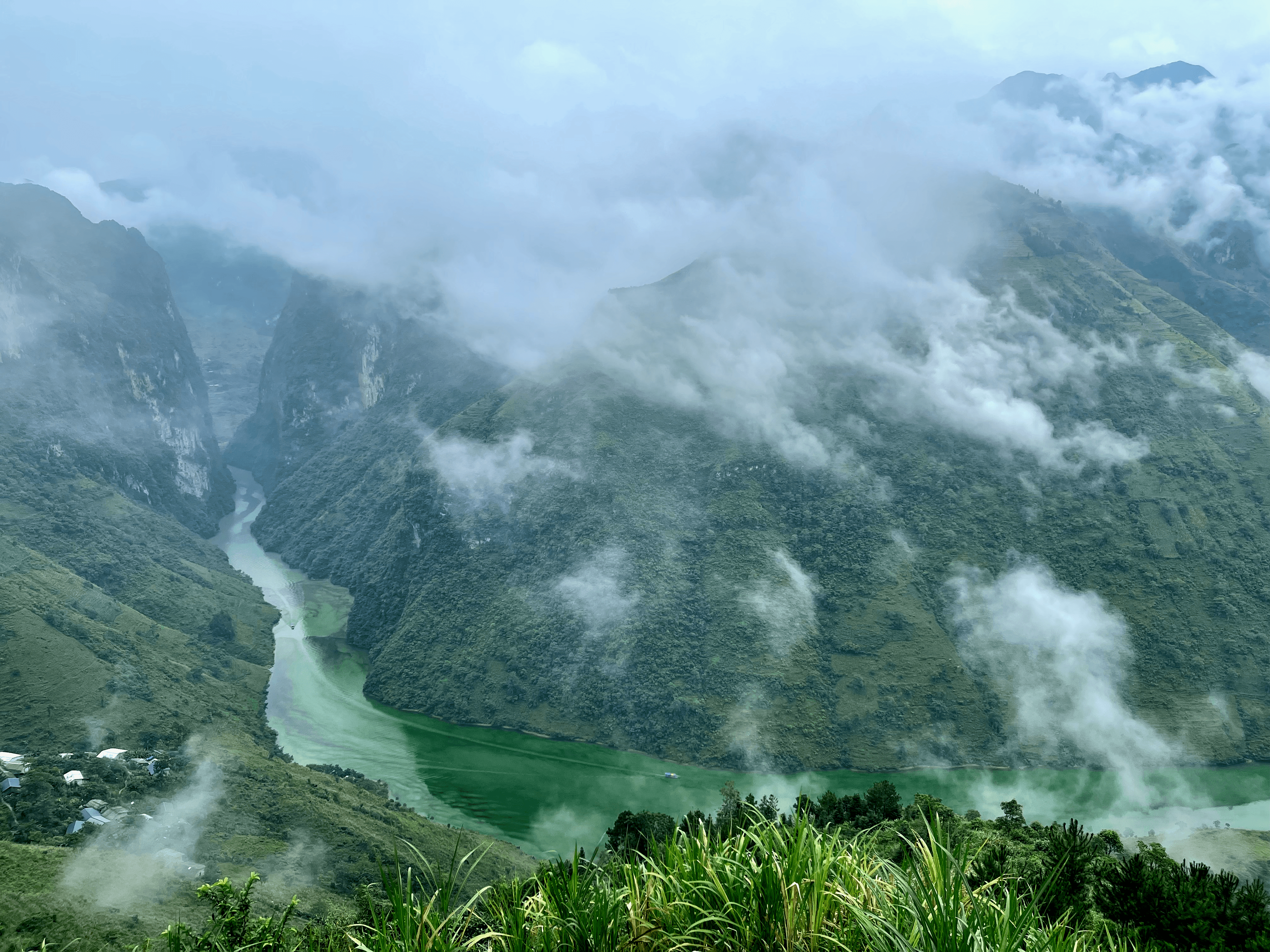 Green river winding through the mountains of Ha Giang, Vietnam
