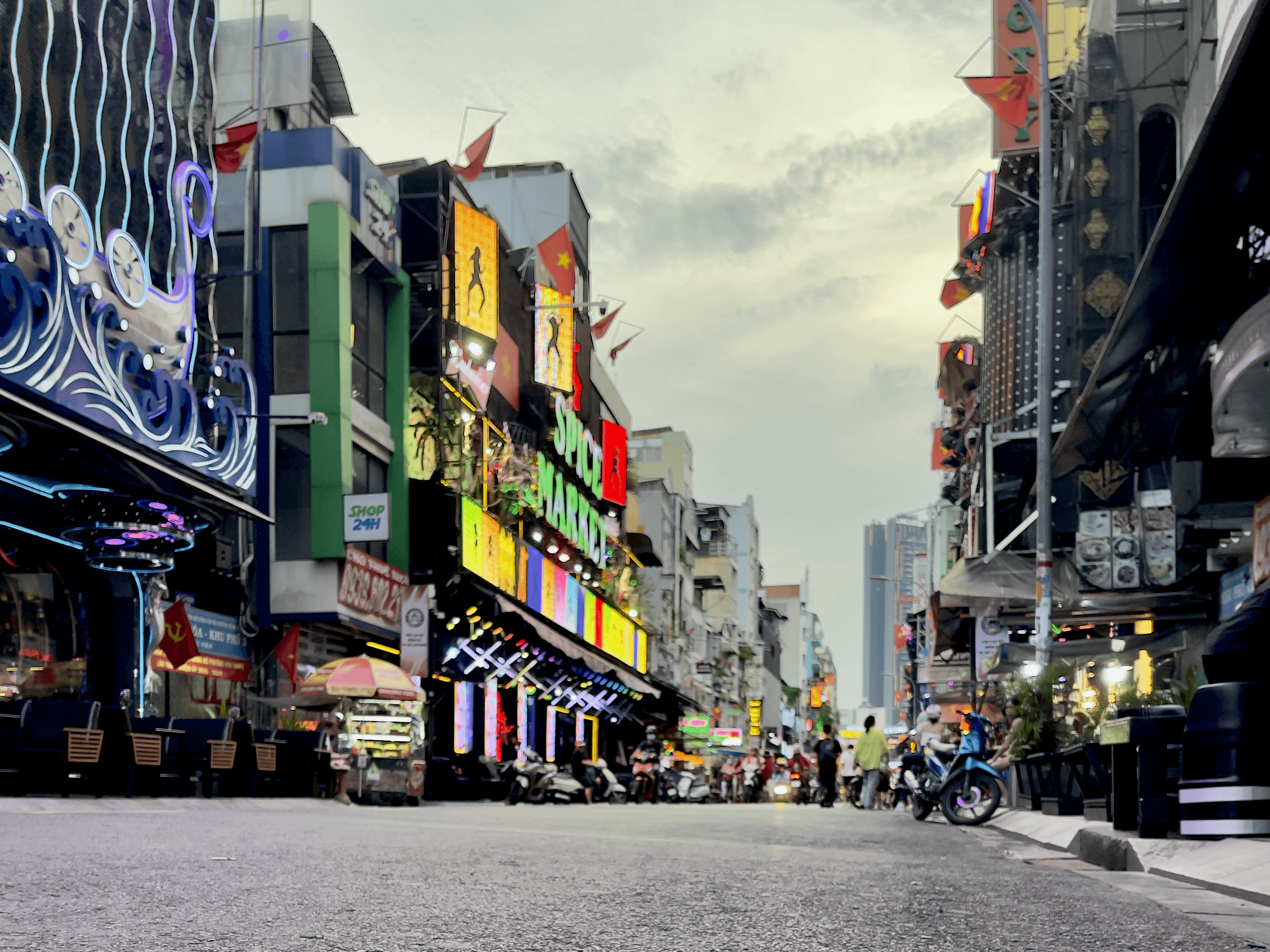 Colorful and loud street scene on Bui Vien in Ho Chi Minh City, Vietnam