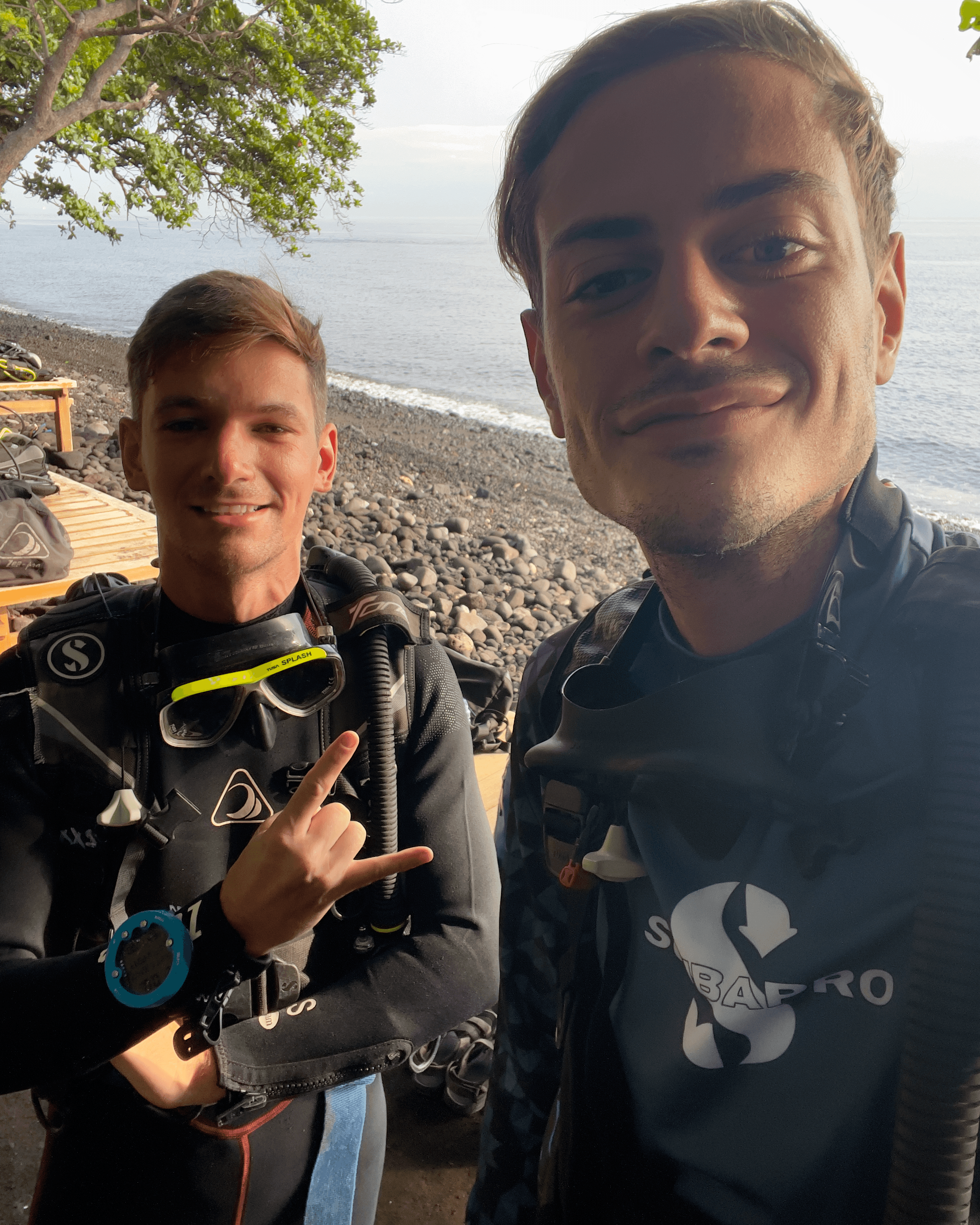 Matthew Fisher and his dive buddy Domenico in SCUBA gear