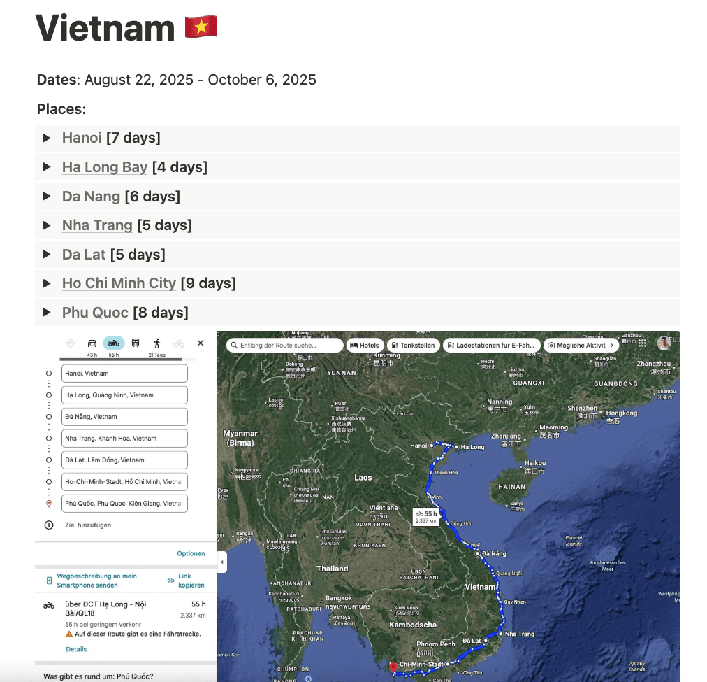 Screenshot of Notion database with Vietnam route plan