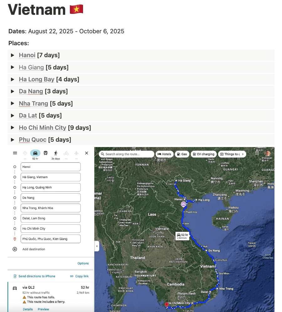 Screenshot of Notion database with Vietnam route plan